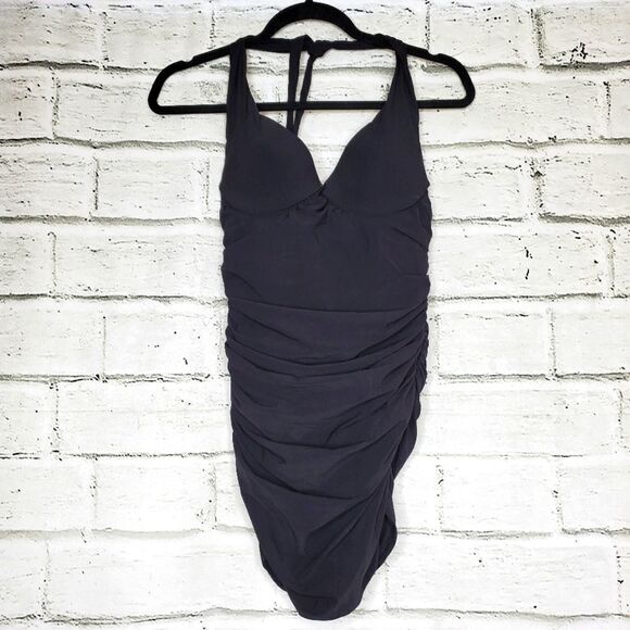 Natori Black one piece Ruched plunge Bathing Suit size 8 b/c halter top - Picture 1 of 10